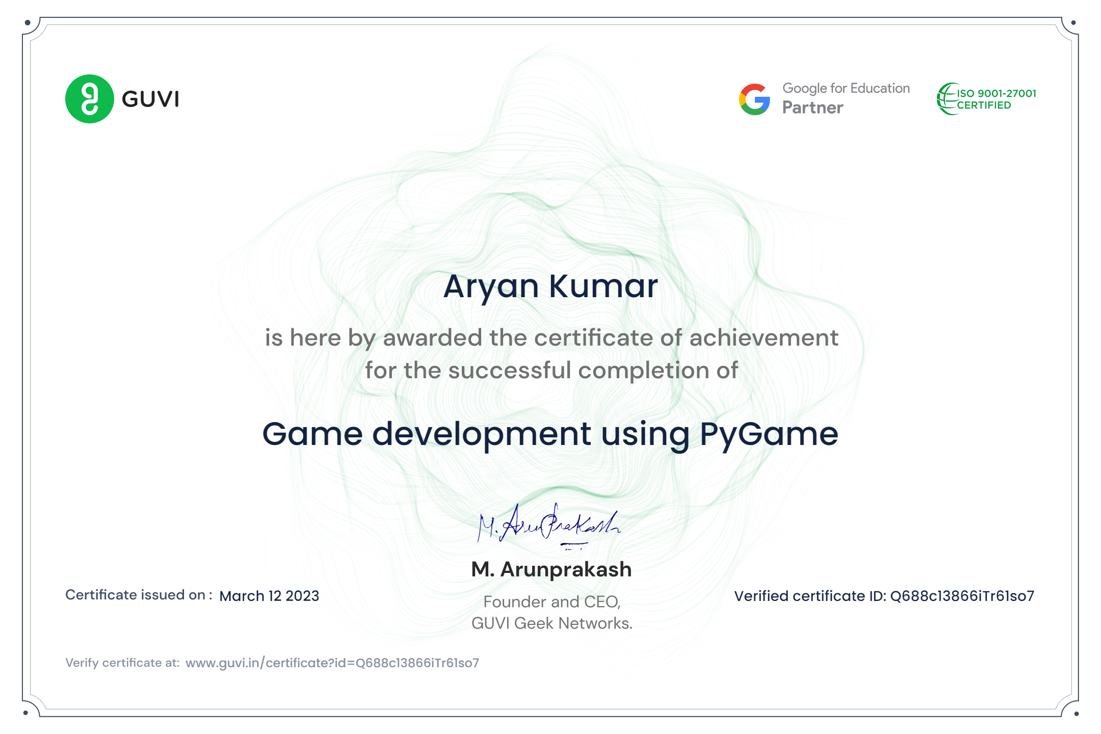 Certificate in Game development using PyGame
